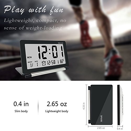Travel Clock,Electronic Alarm Clock,Morning Clock,econoLED Portable Digital Clock with Calendar Date Time Calendar Temperature Display, Snooze, Folding Black - Battery Included