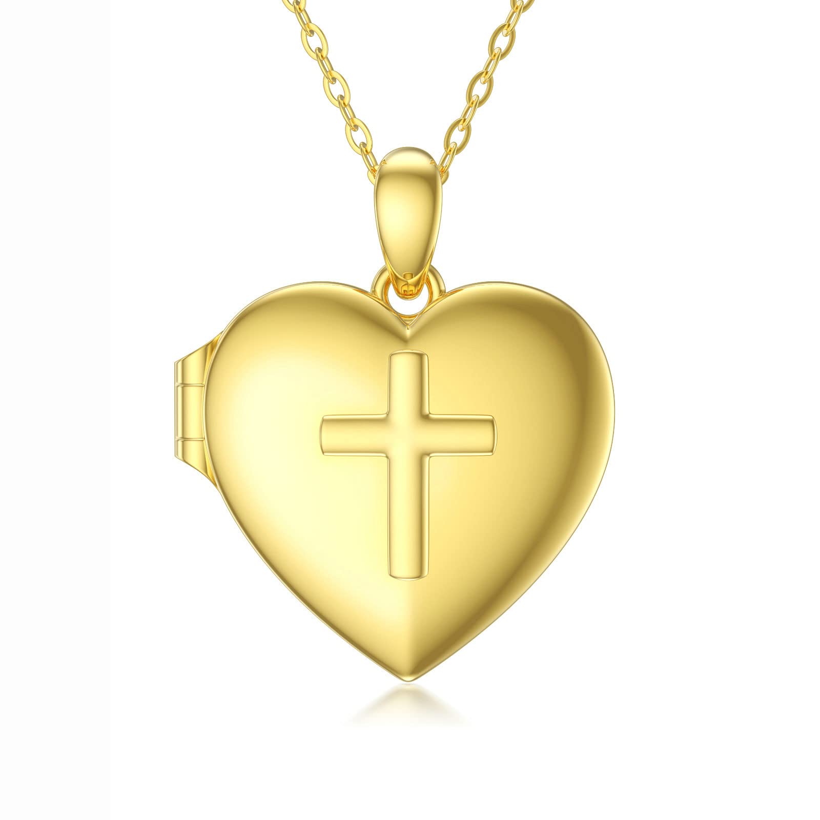 SISGEM 9 ct Gold Photo Necklace, Solid Yellow Gold Cross Locket Pendant Necklace, for Women Girls Ladies Mum Sisters, 46cm