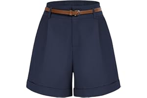 Belle Poque Women Bermuda Shorts Elastic Waist Wide Leg Shorts with Pockets & Belts