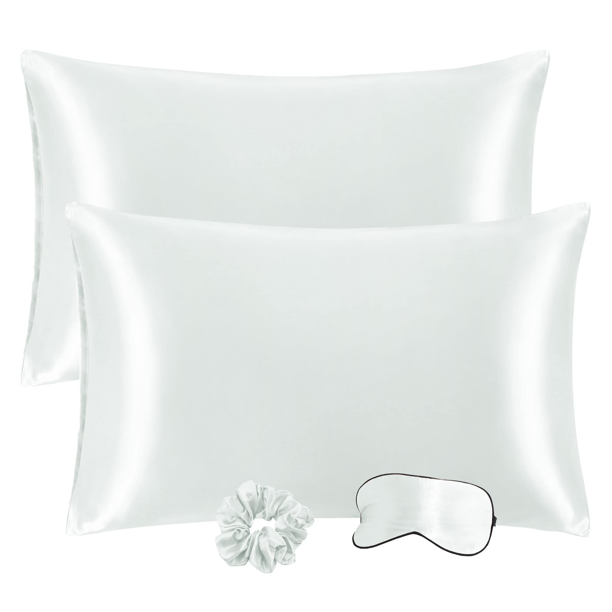 PiccoCasa Satin Pillowcases for Hair and Skin with Eye Mask and Scrunchie Soft Pillowcase 2 Pack Envelope Closure Silky Bed Pillow Covers Set for Sleeping Light Grey 50 x 65cm