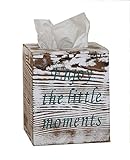 Rustic wood tissue box cover included slide out bottom panel Kleenex box holder with 2 mottos printed. Design of Torched Barnwood Square Cube Tissue Box Holder perfect for farmhouse bathroom and more.