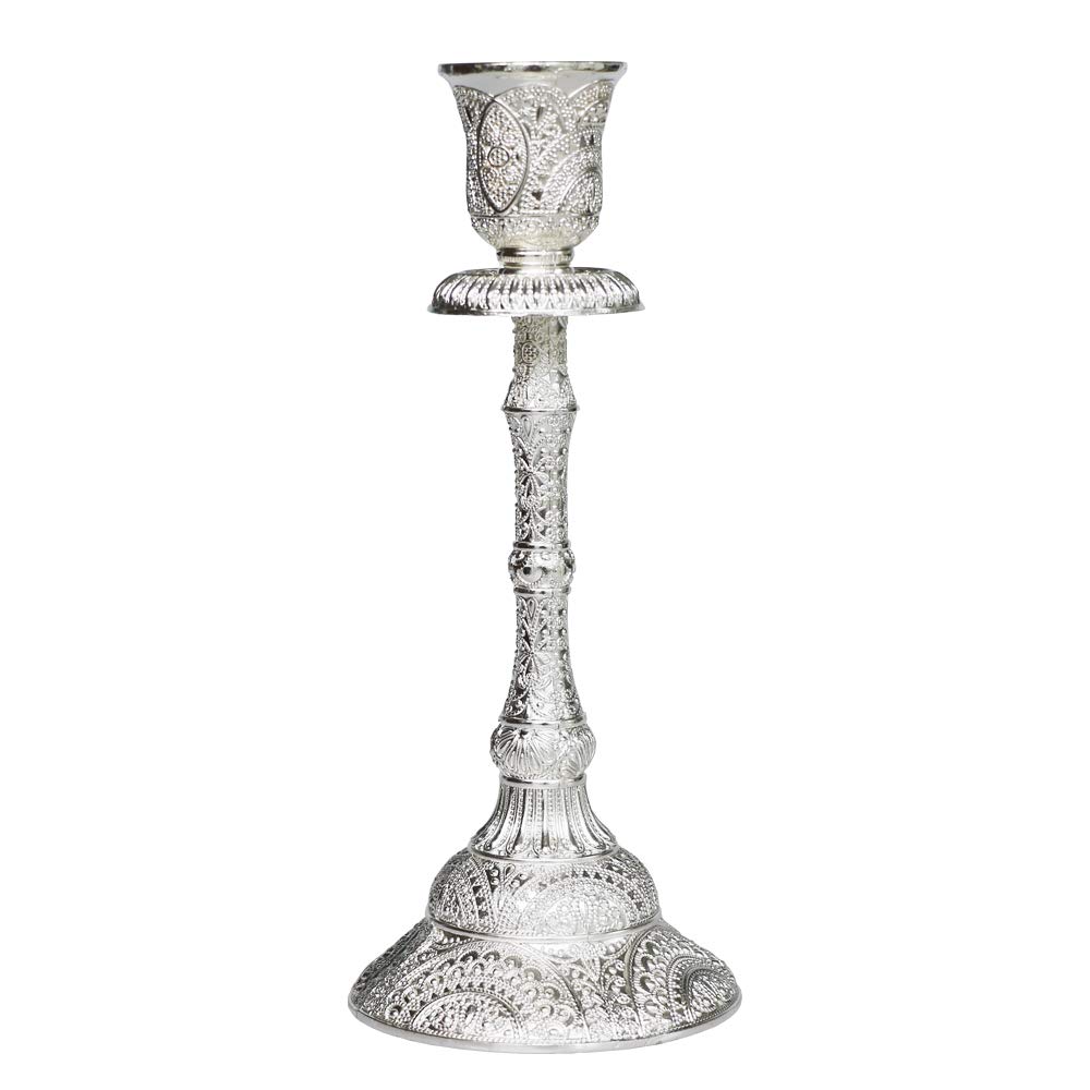JAZPlayer Silver Shabbat Candle Holder with Deluxe Engraved Design, Premium Silver Candlestick as Judaica Gift