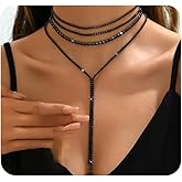 GIGB PBDK Layered Black Rhinestone Choker Necklaces for Women Stackable Sparkly CZ Crystal Long Y Statement Choker Minimalist Formal Necklace Wedding Prom Party