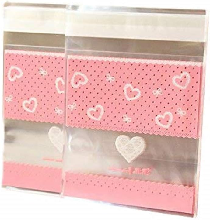 Patty Both 100 PCS Lovely Cute Bowknot OPP Self Adhesive Cookie Bakery Candy Biscuit Roasting Treat Gift DIY Plastic Bag (Heart + Lace Design)