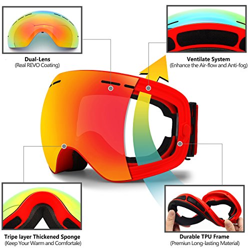 Hongdak Ski Goggles, Snowboard Goggles UV Protection, Snow Goggles Helmet Compatible for men women boys girls kids, Anti fog OTG