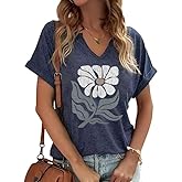 PUCKOLITY Vintage Flowers V Neck Shirt for Women Boho Floral Wildflowers Graphic Tee Casual Cottagecore Summer T Shirt