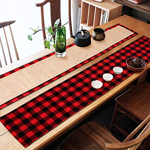 AerWo Buffalo Plaid Christmas Table Runner 14 x 72 Inch，Double Sided