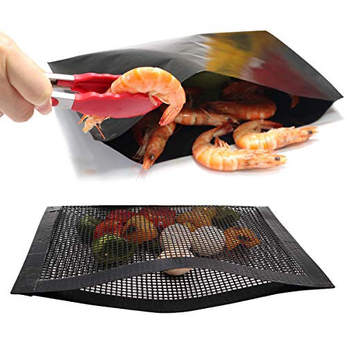BBQ Mesh Bag + Solid Grill Bag Non Stick PTFE Toaster Oven Grilling Baking Pocket Sheet for Outdoor Picnic Barbecue Dehydrator Fruit Dryer Mesh