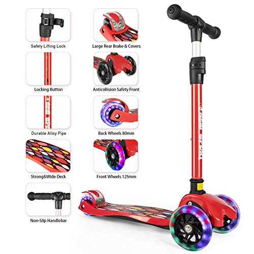 Kick Scooter for Kids, 3 Big Wheels Scooter for Children 4 Adjustable Height One Second Folding Mini Skateboard Scooters with Handle Bars Great  Gifts for Litter Boys Toddler &Girls 2-15Years Red - Thumbnail 2