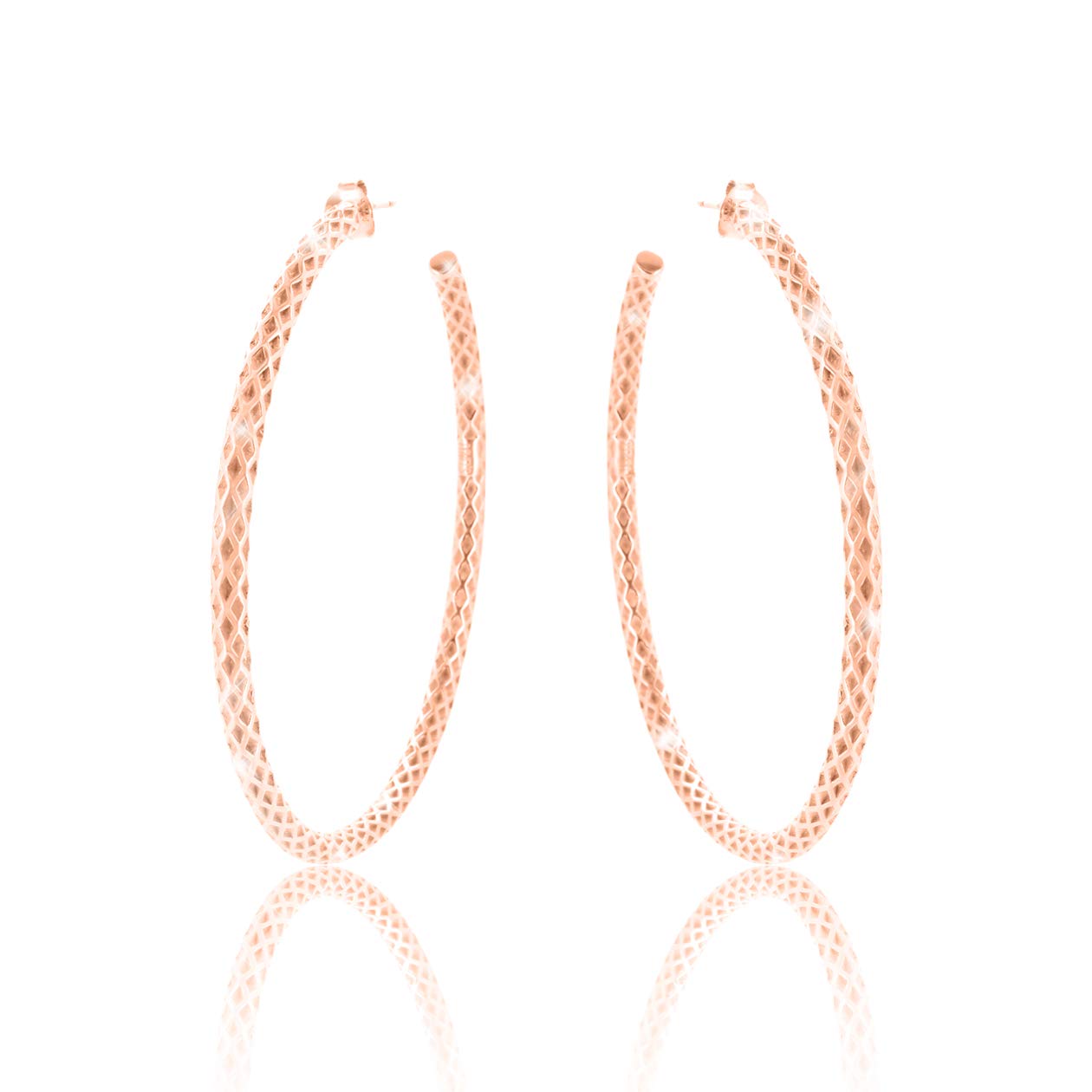PAVEL´S Large women's hoop earrings elegance, twisted 60 mm, rose gold plated with stud