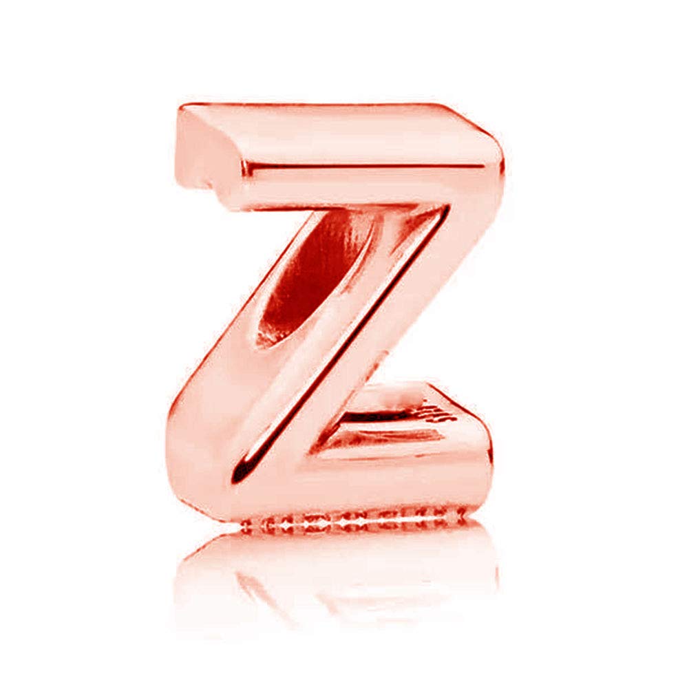 925 Sterling Silver Rose Gold Beads Alphabet Charms Letter Initial Z Charm Anniversary Charm Words Charm fits Pandora Charms Bracelet (Z)