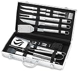 16 Piece Stainless Steel BBQ Accessories Tool Set - Includes Aluminum Storage Case For Barbecue Grill Utensils - By Kitch N' Wares