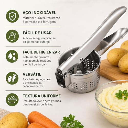Espremedor de Batata Inox Manual Profissional – Amassador de Batatas e Legumes, Ideal para Purê, Nhoque e Cozinha - Utensílio de Cozinha em Aço Inoxidável