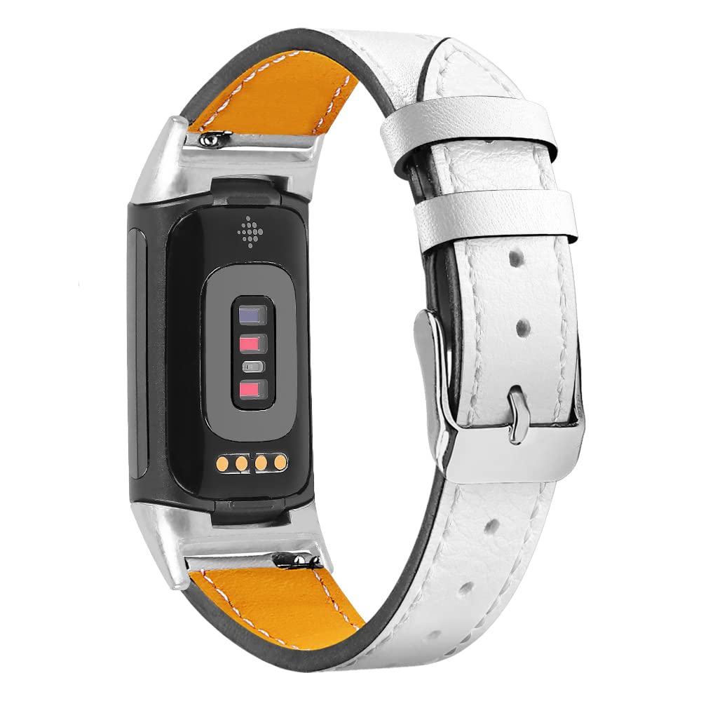 AISPORTS Leather Strap Compatible with Fitbit Charge 6/5 Strap for Women Men, Soft Breathable Leather Sport Wristband Metal Buckle Clasp Bracelet Replacement Band for Fitbit Charge 6/5