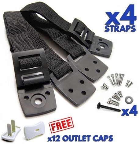 Anti Tip TV Straps - Furniture Anchor- Heavy Duty Mounting Hardware - 4 Pack Black Strap - Earthquake Resistant - Durable and Adjustable - Childproofing -12 White Outlet Caps with Keys Included