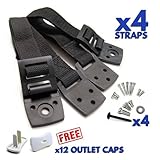 Anti Tip TV Straps - Furniture Anchor- Heavy Duty Mounting Hardware - 4 Pack Black Strap - Earthquake Resistant - Durable and Adjustable - Childproofing -12 White Outlet Caps with Keys Included