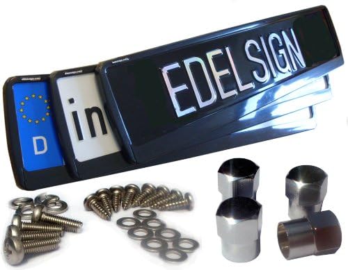 EDELSIGN 20118S Registration Plate Holder 2X Futur Vector Design Number Plate Carrier, Especially for Bent Bumpers, incl. 4 X Chrome Valve Caps + Screws
