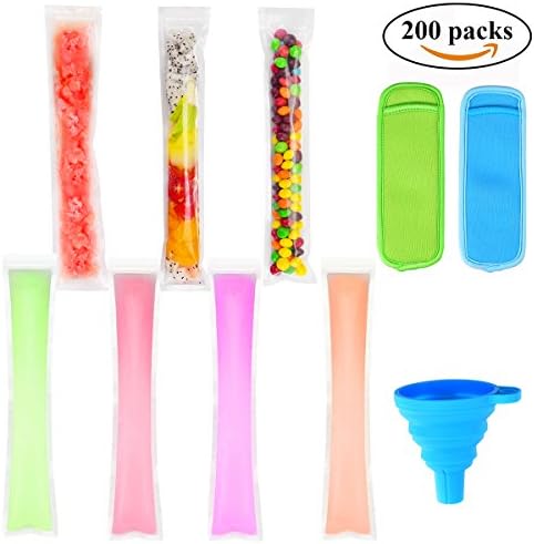 Ice Popsicle Molds Bags, Popsicle Maker BPA Free, Zip-Top Disposable DIY Ice Pop Mold Bags with Foldable Funnel &amp; 2 Insulator Sleeves for Gogurt, Ice Candy, Otter Pops or Freeze Pops - 200 Pieces