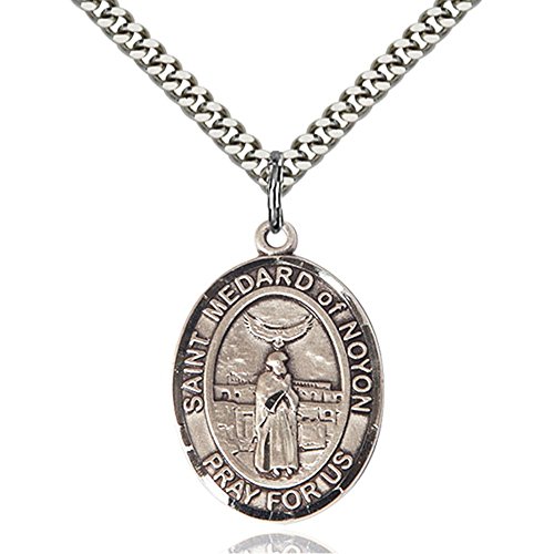Sterling Silver St. Medard of Noyon Pendant 1 x 3/4 inches with Heavy Curb Chain