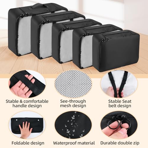 Suitcase Organizer, 10 Pieces Waterproof and Tear-Resistant Organizer Bags, Packing Cubes for Clothes, Shoes, Underwear and Cosmetics, Black