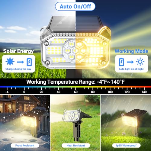 GEARLITE Solar Lights for Outdoor Garden 4 Pack, 6500 K Warm White Solar Spotlight with 68 LED Auto On/Off, IP65 Waterproof Garden Lights, 2 Brightness Modes, Solar Lights for Outdoor Garden, Yard
