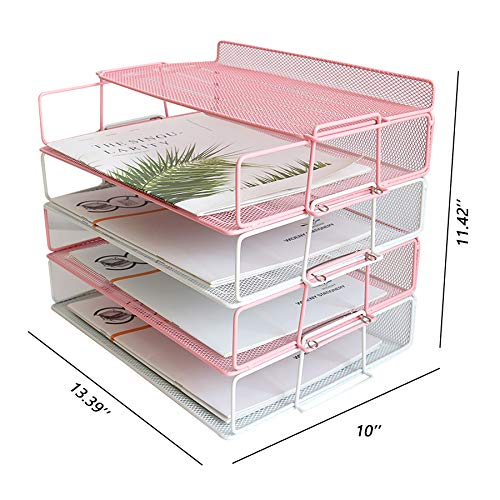 4 Tier Reinforce Stackable Paper Document Letter Tray Desk Organizer, New Design Metal Mesh File Holder Organizer for Home Office School, Folders Letters Paper Storage Pink (Color)