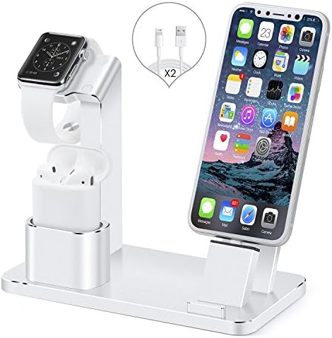 Apple iWatch Stand, iPhone and AirPods Stand, SENZLE 4 in 1 Aluminum Charger Stand Dock Station for Apple Watch Series 3/2/1/AirPods/iPhone X/8/8 Plus/7/6/iPad Mini【NightStand Mode】(Silver)