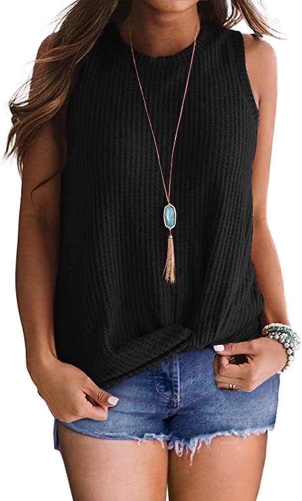 CUTEKOLVE Womens Waffle Tops Sleeveless Cute Round Neck Twist Casual Knot Knit Shirts Tank Tops