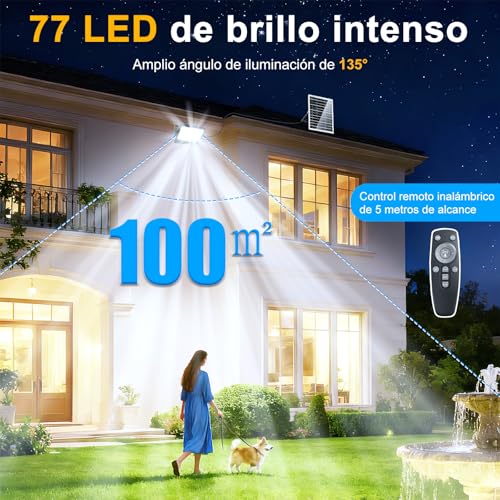 Lamparas Solares Exterior 42200LM, Luces Solares para Exterior Jardin, 8000mAh Paneles Solares de Silicio Monocristalino, Mando A Distancia, Cable De 5m, Adecuado para Jardines, Terrazas y Porche