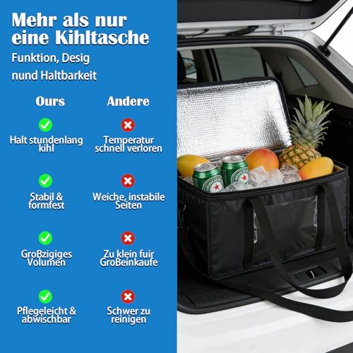 Large Thermal Bag, 60L Foldable Cooler Bag, Reusable Black Thermal Cooler Bag for Picnic, Camping, Outdoor BBQ, Travel, Beach, Shopping
