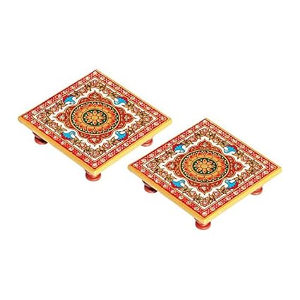 Handicrafts Paradise Intricate Floral Painted Marble Chowki (10.2 cm x 10.2 cm x 2.55 cm, Set of 2)