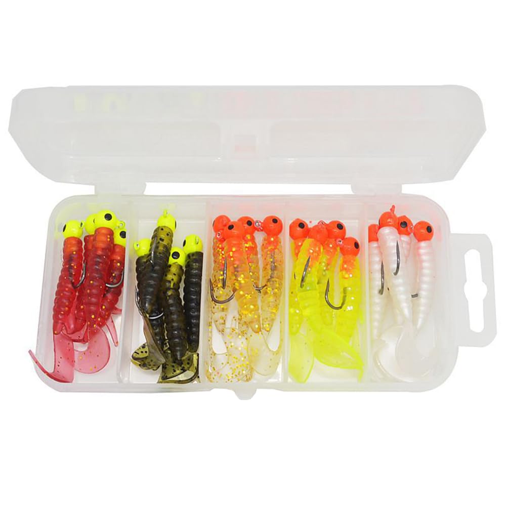 Fishing Soft Lures Set, Fishing Tackle Jig Heads Hooks Bionic Worms Fish Baits for Bass Trout Pikes, 20 Pack