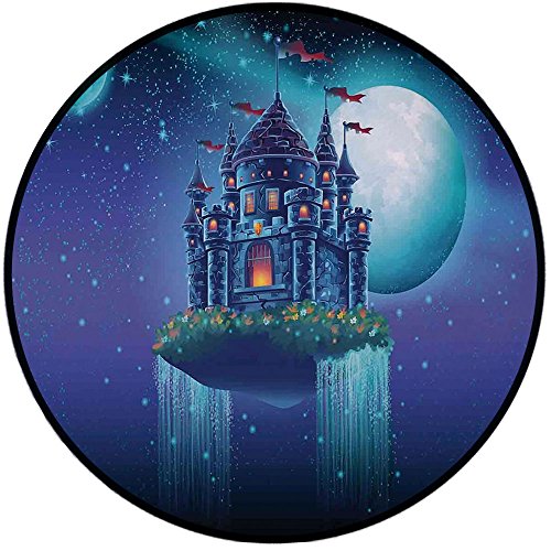 Printing Round Rug,Fantasy House Decor,Graphic of A Flying Medieval Castle on the Air Space with Waterfall and Moon Image Mat Non-Slip Soft Entrance Mat Door Floor Rug Area Rug For Chair Living Room,B