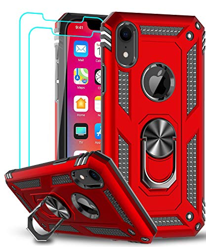 LeYi Compatible for iPhone XR Case with Tempered Glass Screen Protector [2 Pack], [Military-Grade] Defender Protective Phone Case with Magnetic Ring Kickstand for iPhone XR 10 10XR, Red
