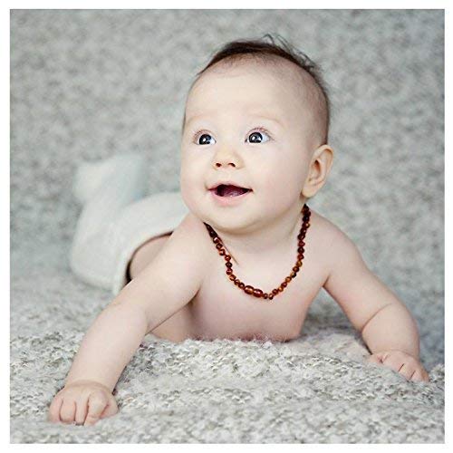 Baltic Amber Teething Necklace for Babies - Anti Inflammatory, Drooling and Teething Pain Reducing Natural Remedy - Polished Greenish Certified Baltic Amber Beads