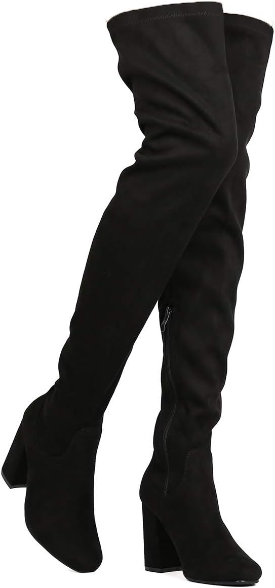 Women's Thigh High Boots Stretchy Side Zipper Over The Knee Chunky Block Stiletto Heel Boots