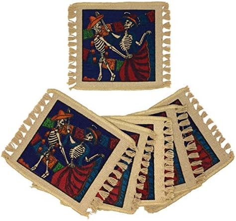 SpiritFest Sugar Skull Coasters: Set of 6 Day of the Dead Table Saving Decor (Dancing Sweethearts)