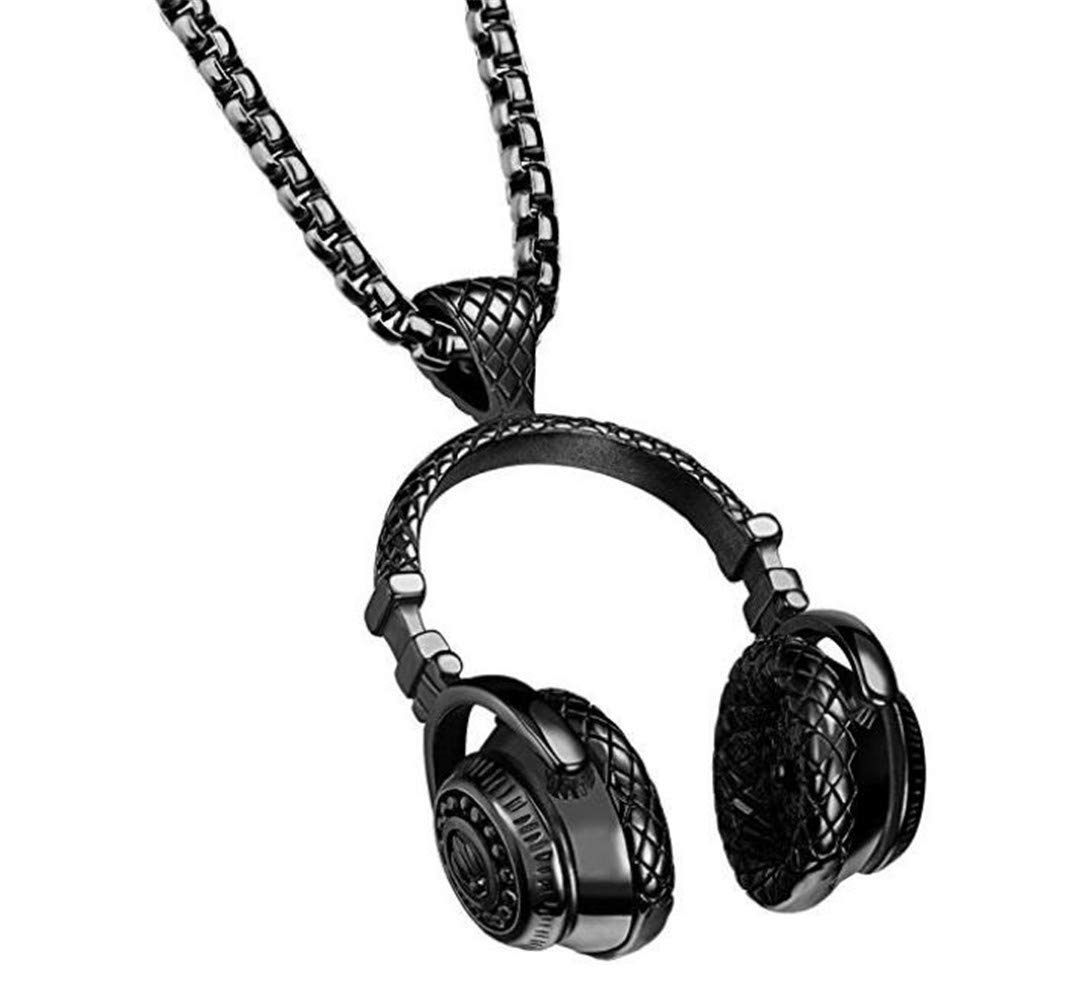 PAURO Men's Stainless Steel Music Headset DJ Headphone Pendant Biker Necklace, Black, Small