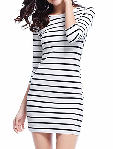 Genluna Women's 3/4 Sleeve Striped Bodycon Dress Casual Dresses(XS-XL) White Large