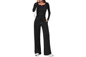 Trendy Queen Women's 2 Piece Matching Lounge Sets Fall Fashion Outfits Henley Neck Sweater Top Wide Leg Pants Sweat Suits