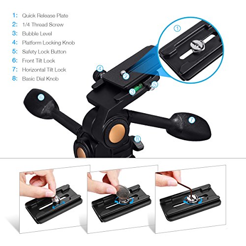 3-Way Tripod Head, Powerextra Three-Dimensional Aluminum Alloy Fluid Head with Quick Release Plate, 360 Degrees Free Rotation for Tripod, Monopod, Camera Slider and All DSLR Cameras