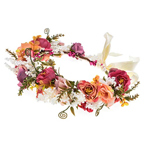 Adjustable Flower Headband Hair Wreath Floral Garland Crown Headpiece with Ribbon for Wedding Ceremony Party Festival