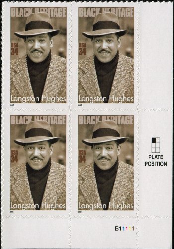 2002 LANGSTON HUGHES ~ AUTHOR ~ BLACK HERITAGE ~ ACTIVIST ~ BLACK HISTORY #3557 Plate Block of 4 x 34Â¢ US Postage Stamps