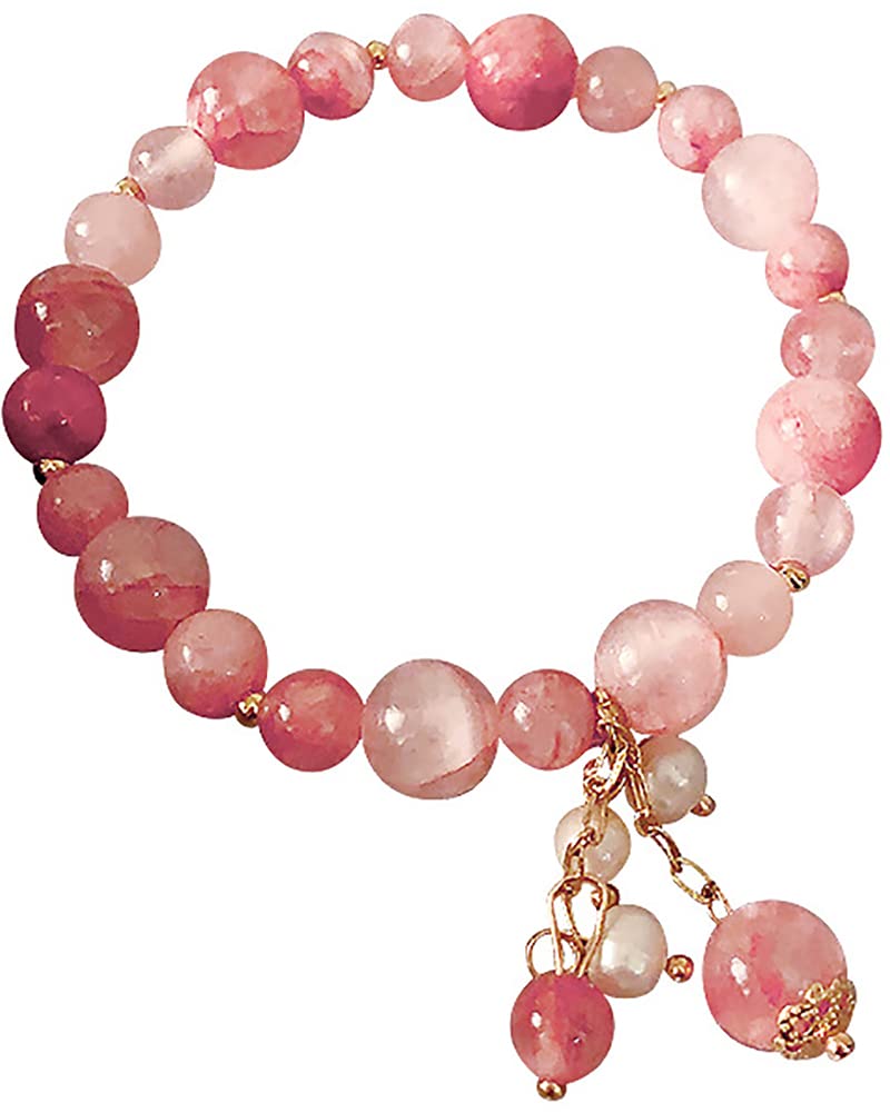 Ladies Strawberry Quartz Gemstone Bracelet. Natural Stone Stretch Bangle for Women. Includes Jewellery Gift Box (Strawberry Pink)