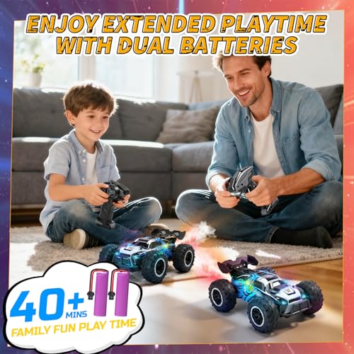 Eaglestone 1:16 4WD RC Car with LED Lights, Music & Spray, 2.4GHz Off-Road Remote Control Vehicle with Dual Battery 40-Min Playtime, One-Click Demonstration Gift for Kids Boys Ages 5-12