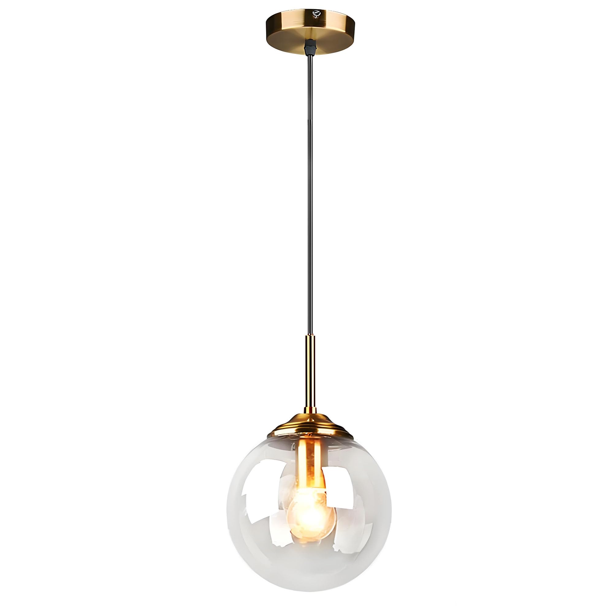 HJXDtech Industrial Vintage Glass Globe Ceiling Pendant Light with Brass Finish,E27 Hanging Lamp for Kitchen, Dining Room & Living Room - Transparent, 1-Light
