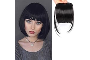 LEEONS Clip on Bangs Black Fringe Hair Extensions 6" Short Straight Clips in Hair Bang False Flat Hairpiece Two Side(1B#)