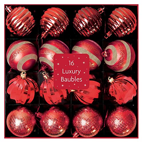 Christmas Baubles 16pcs Luxury Traditional Tree Hanging Decorations Shiny Glitter Xmas Ornaments (Red)