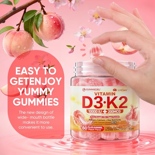 Vitamin D3 K2 Gummies 5000IU / 10,000 IU with 500mg Calcium + K2(MK-7) 200mcg, Magnesium, Vitamin C & Zinc, Extra Strength - Ultimate Absorbency for Bones, Muscles, Teeth, Vegan, 60 Count (Pack of 1)