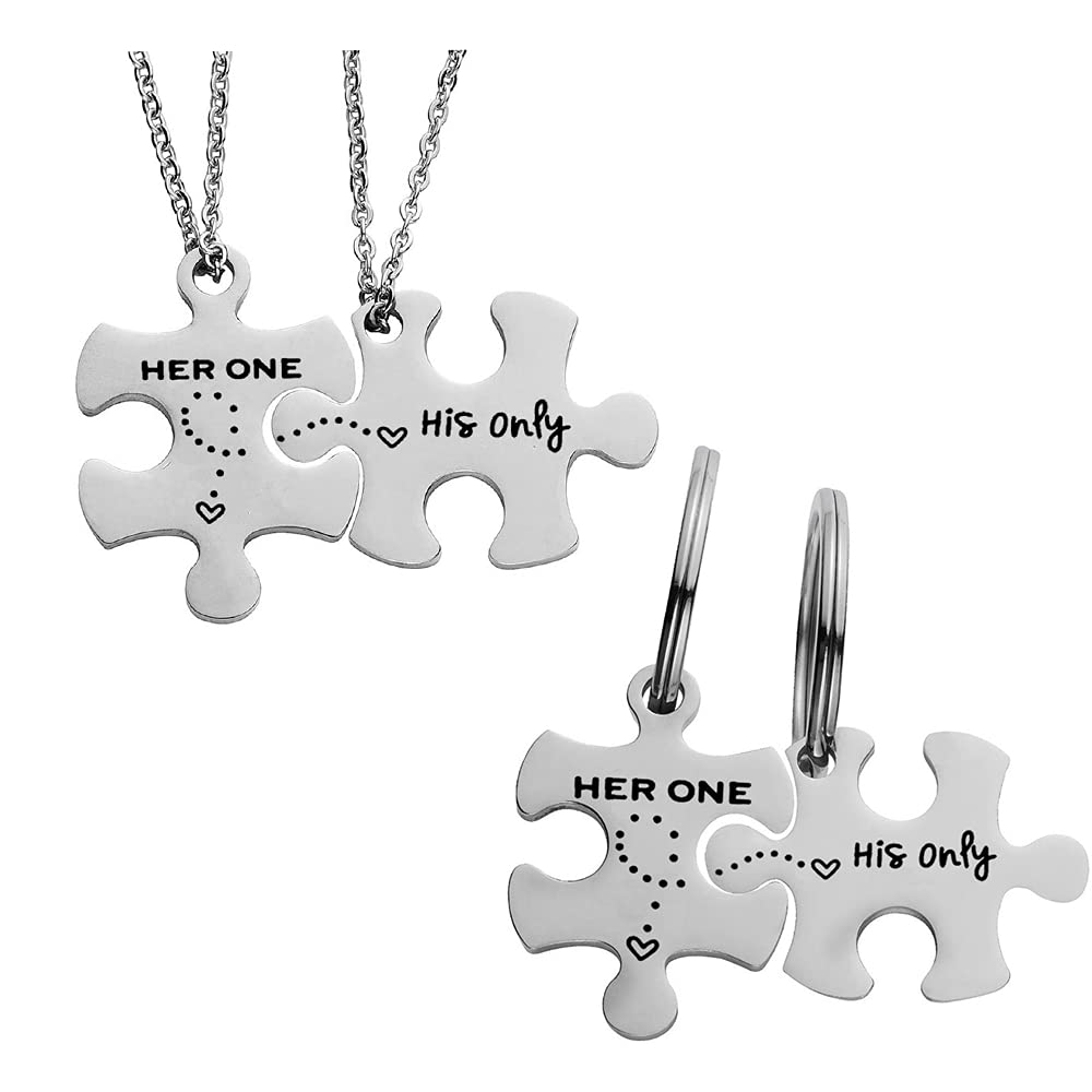 TOFBS Puzzle Partner Keychain Pendant Stainless Steel Alloy keyring With Engraving Couple Love Friendship Gifts Silver (4 Pcs Set#1)